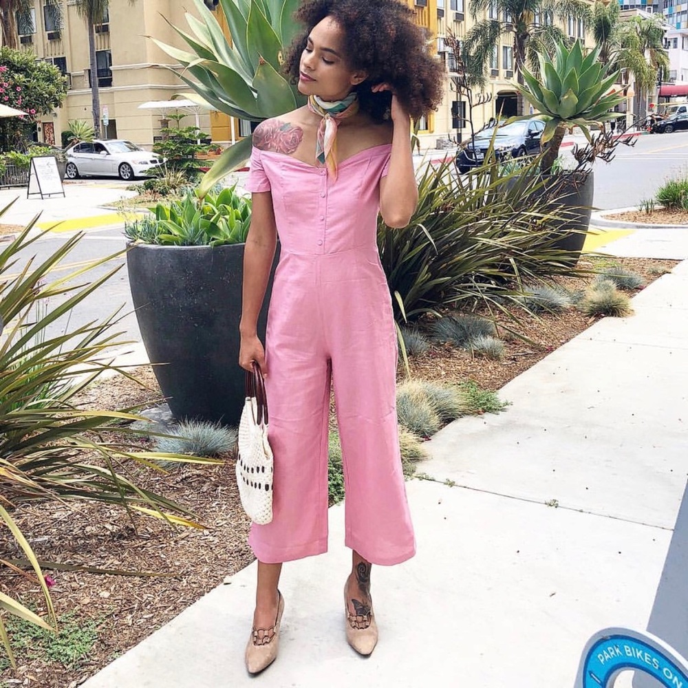 Linen Pink Off Shoulder Cropped Pants Jumpsuit